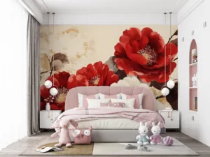 Vibrant floral composition with large red and white flowers||
