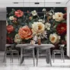 Vibrant arrangement of roses and flowers on a black background||