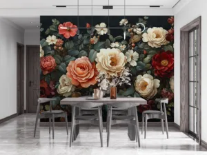 Vibrant arrangement of roses and flowers on a black background||