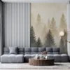 Serene forest landscape with tall coniferous trees and a misty background.||
