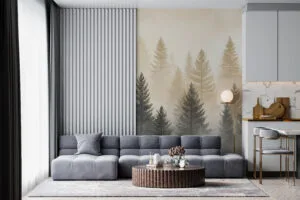 Serene forest landscape with tall coniferous trees and a misty background.