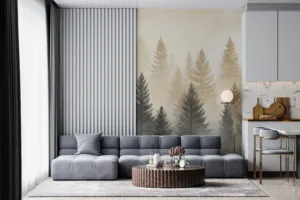 Serene forest landscape with tall coniferous trees and a misty background.||