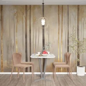 Serene forest scene with tall stylized trees in warm colors.