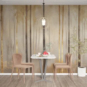 Serene forest scene with tall stylized trees in warm colors.||