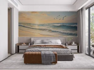 Serene beach scene during sunset with gentle waves and pastel sky colors.