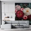 Vibrant floral arrangement with peonies and roses in pink|red|and cream shades.