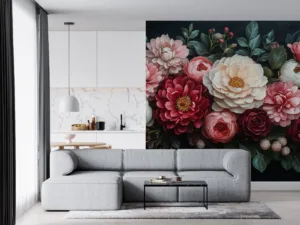Vibrant floral arrangement with peonies and roses in pink|red|and cream shades.