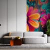Vibrant abstract floral design with large flowers in bright colors.
