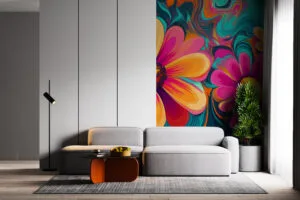 Vibrant abstract floral design with large flowers in bright colors.