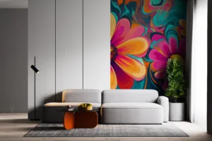 Vibrant abstract floral design with large flowers in bright colors.||