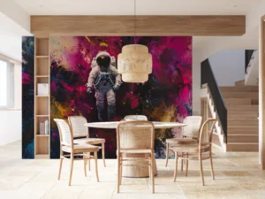 Astronaut floating in a colorful cosmic setting with vibrant splashes of color.||