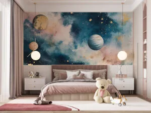 A serene cosmic scene featuring planets against a vibrant space backdrop.