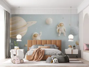 Two astronauts in a whimsical space scene with planets and stars.