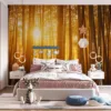 A tranquil bamboo forest illuminated by warm sunlight.||