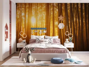 A tranquil bamboo forest illuminated by warm sunlight.||
