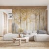 Serene forest scene with tall trees and golden leaves