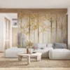 Serene forest scene with tall trees and golden leaves||