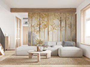 Serene forest scene with tall trees and golden leaves