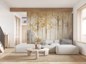 Serene forest scene with tall trees and golden leaves||