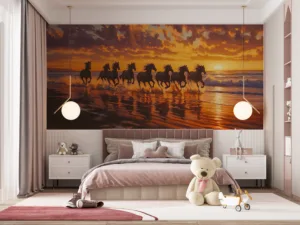Group of horses running along a beach at sunset with vibrant colors.||