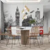 Hand-drawn cityscape of London featuring iconic landmarks like Big Ben and Tower Bridge.||