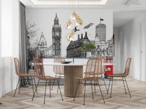 Hand-drawn cityscape of London featuring iconic landmarks like Big Ben and Tower Bridge.