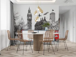 Hand-drawn cityscape of London featuring iconic landmarks like Big Ben and Tower Bridge.||