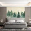 Serene forest landscape with mist and tall trees||