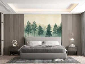 Serene forest landscape with mist and tall trees