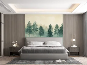 Serene forest landscape with mist and tall trees||