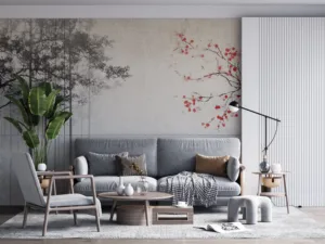 Tranquil landscape with tall trees and vibrant red blossoms.||
