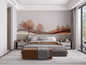 Stylized abstract landscape in soft peach and orange tones||