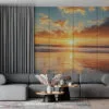 A tranquil beach scene during sunset with vibrant colors and serene waves.