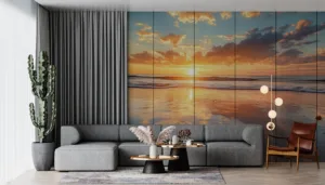 A tranquil beach scene during sunset with vibrant colors and serene waves.||