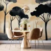 Stylized forest landscape with dark trees and a warm background.||