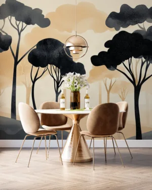 Stylized forest landscape with dark trees and a warm background.||