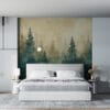 Tranquil forest landscape with tall trees and misty background