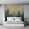 Tranquil forest landscape with tall trees and misty background||