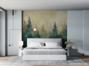 Tranquil forest landscape with tall trees and misty background||
