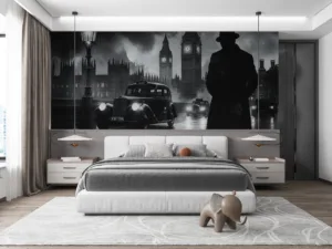 Black and white cityscape of London featuring Big Ben and a silhouetted figure.||