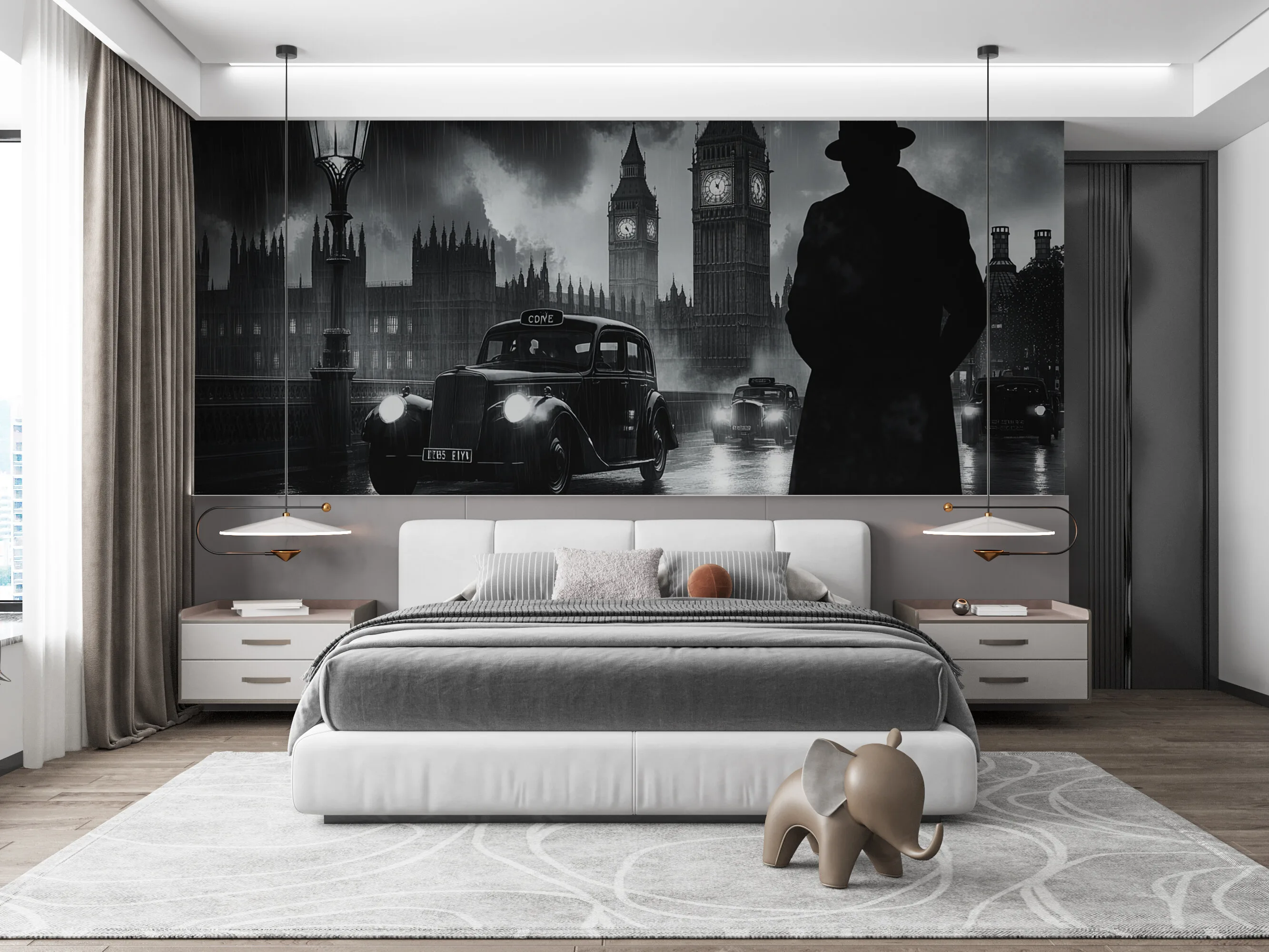 Rendered wallpaper image for Shadows of London in Monochrome Rain Wall Mural