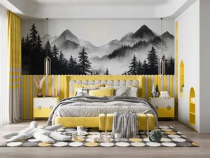 Monochromatic mountain landscape with misty atmosphere and tall trees.||