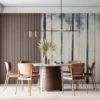 Serene forest scene with tall trees in gray|white|and black tones.