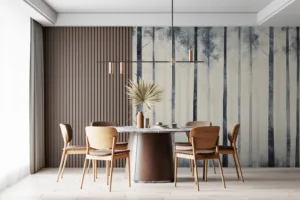 Serene forest scene with tall trees in gray|white|and black tones.