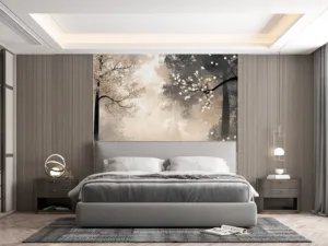 Stylized forest landscape with misty background and soft colors||
