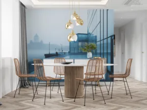 Sleek minimalist cityscape of Helsinki with modern architecture and foggy atmosphere.||