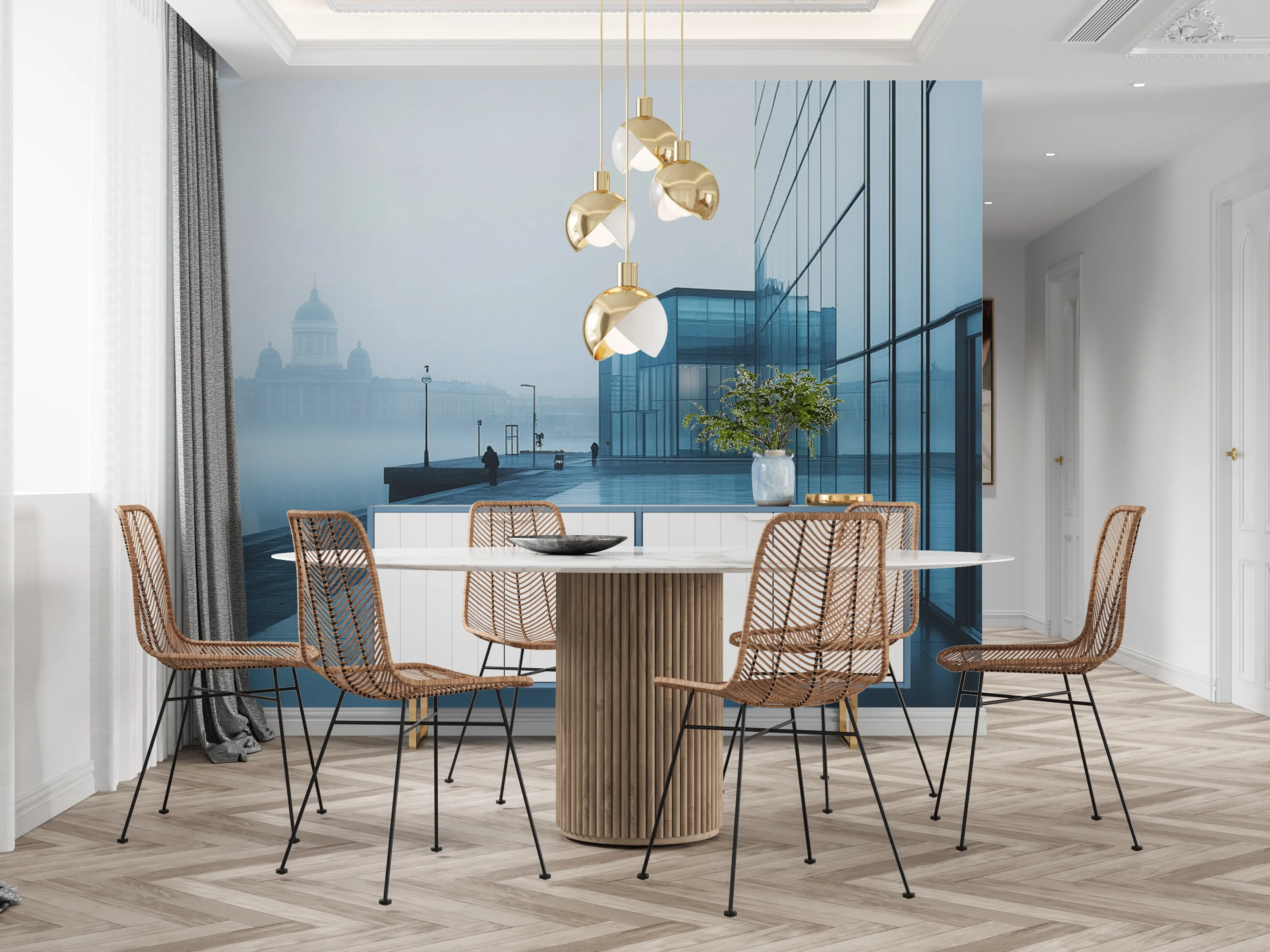 Rendered wallpaper image for Tranquil Reflections of Modern Helsinki Wall Mural
