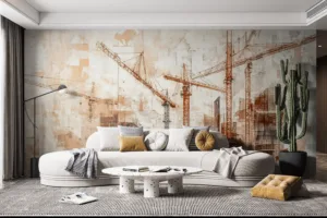 Modern industrial scene with construction cranes and building structures||