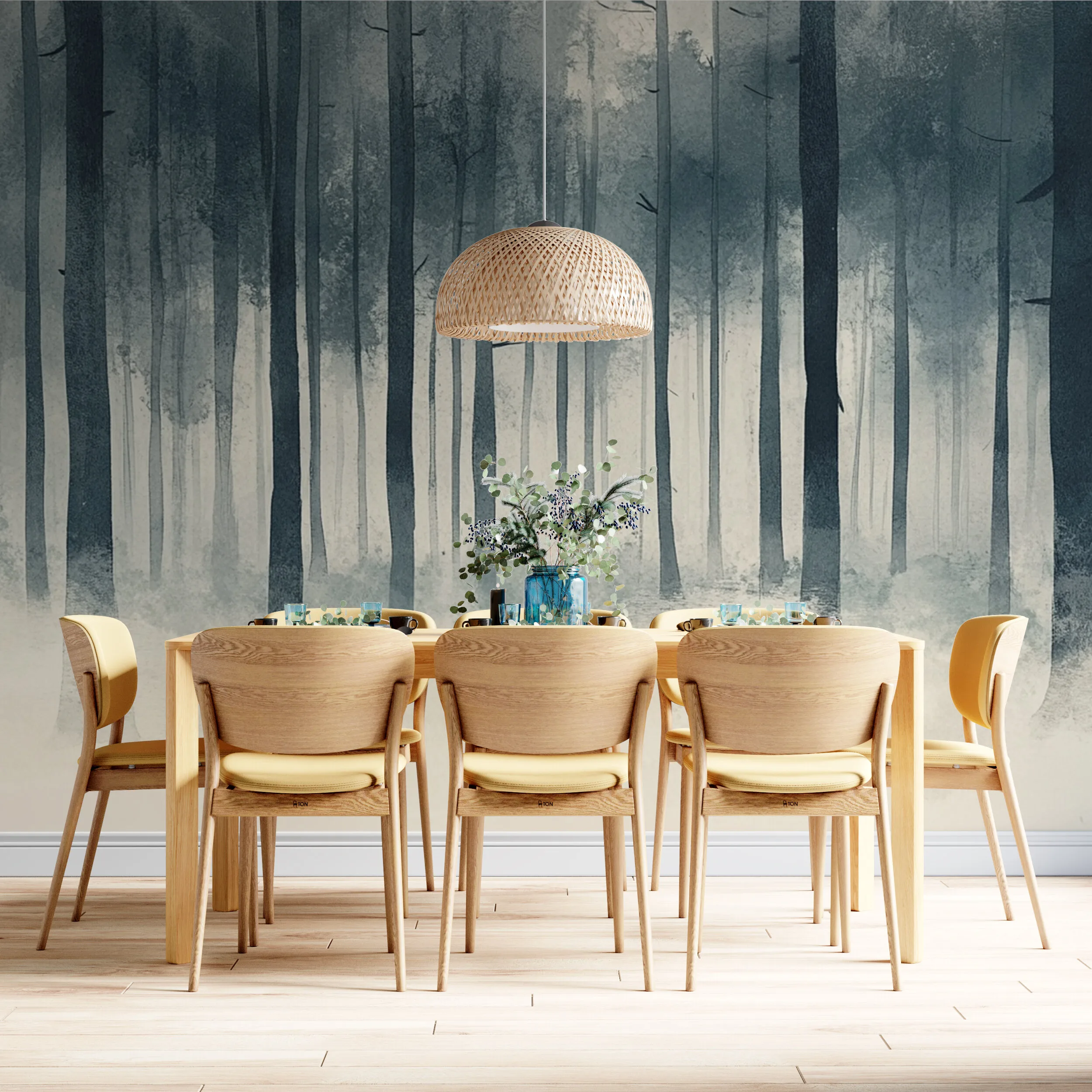 Rendered wallpaper image for Veil of Tranquil Pines Wall Mural