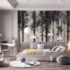 Monochromatic forest scene with tall slender trees in shades of gray.